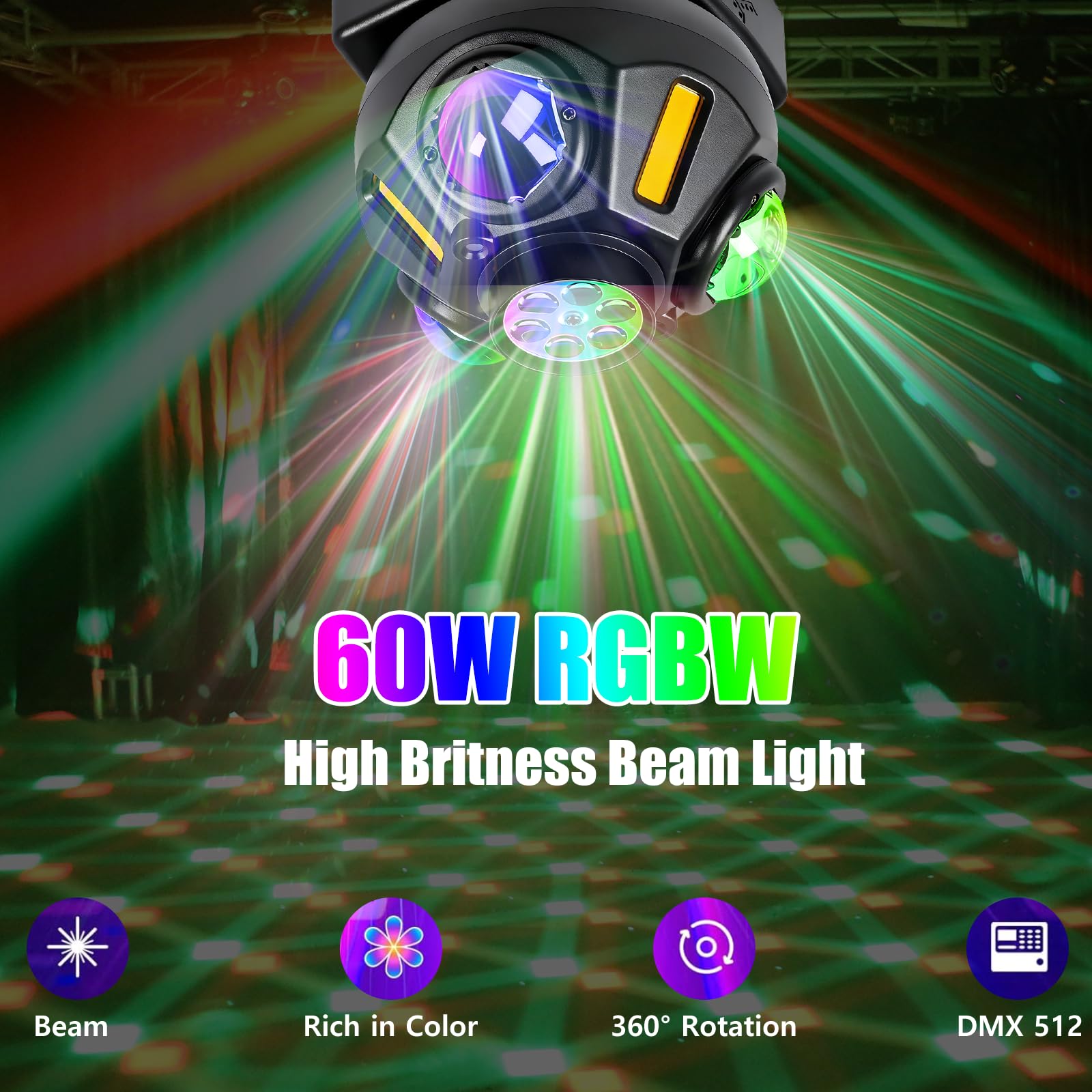 Moving Head Bühnenlicht 60W, Moving Head LED RGBW 4-in-1 DMX512 19CH Partylicht Soundaktivierter Lichteffekt Disco Licht mit Fernsteuerung für DJ Bar Geburtstag Club Hochzeit Party Scheinwerfer
