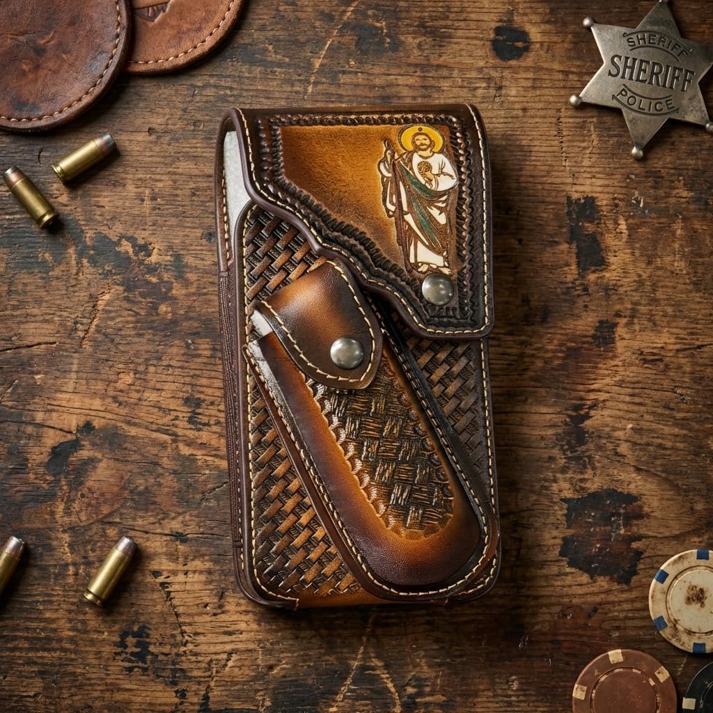 Leather Phone Holster with Knife Pouch, Belt Clip, Basketweave & Jesus Design (Brown)