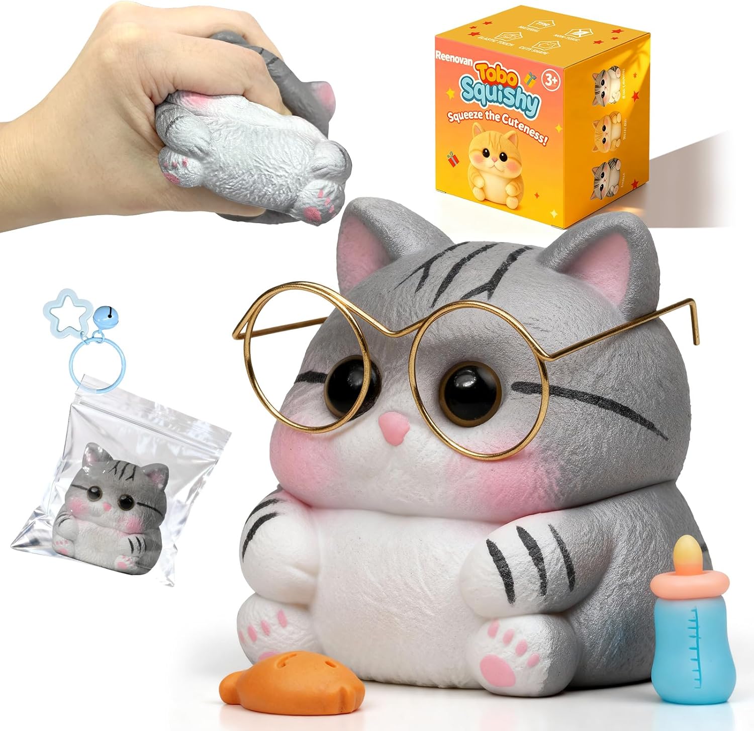 Cat Squishy Toy, Soft TPR Stress Relief Sensory Squeeze Toys, Cute Kawaii Desk Toy, Birthday Gift and Party Favor for Kids and Adults