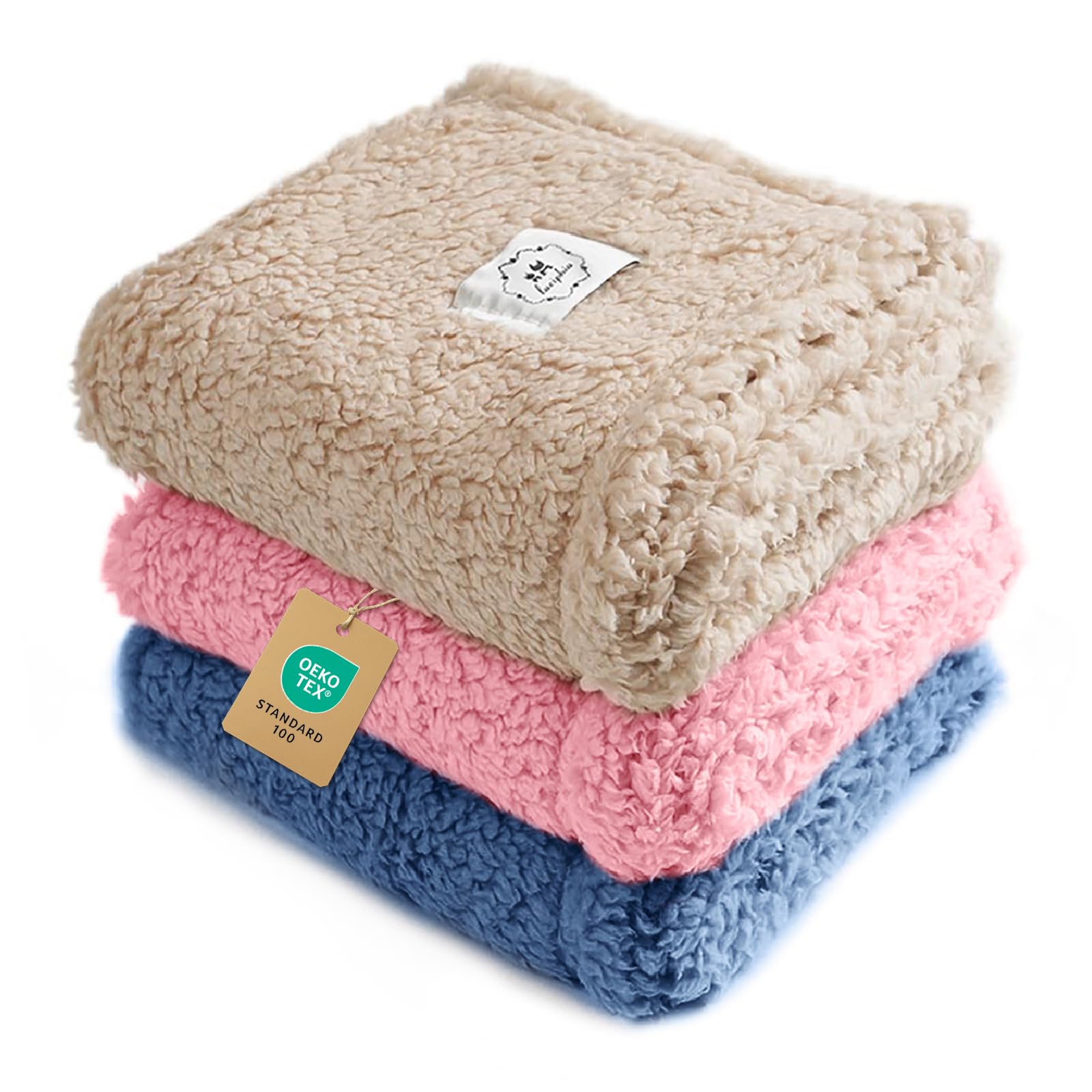 Luciphia Beruhigende Hundedecke, flauschig, Premium-Fleece, Haustierdecken, weicher Sherpa-Überwurf für Hunde, Welpen, Katzen, Beige/Rosa/HazeBlue, Größe L (104,1 x 78,7 cm), 1 Packung mit 3 Stück