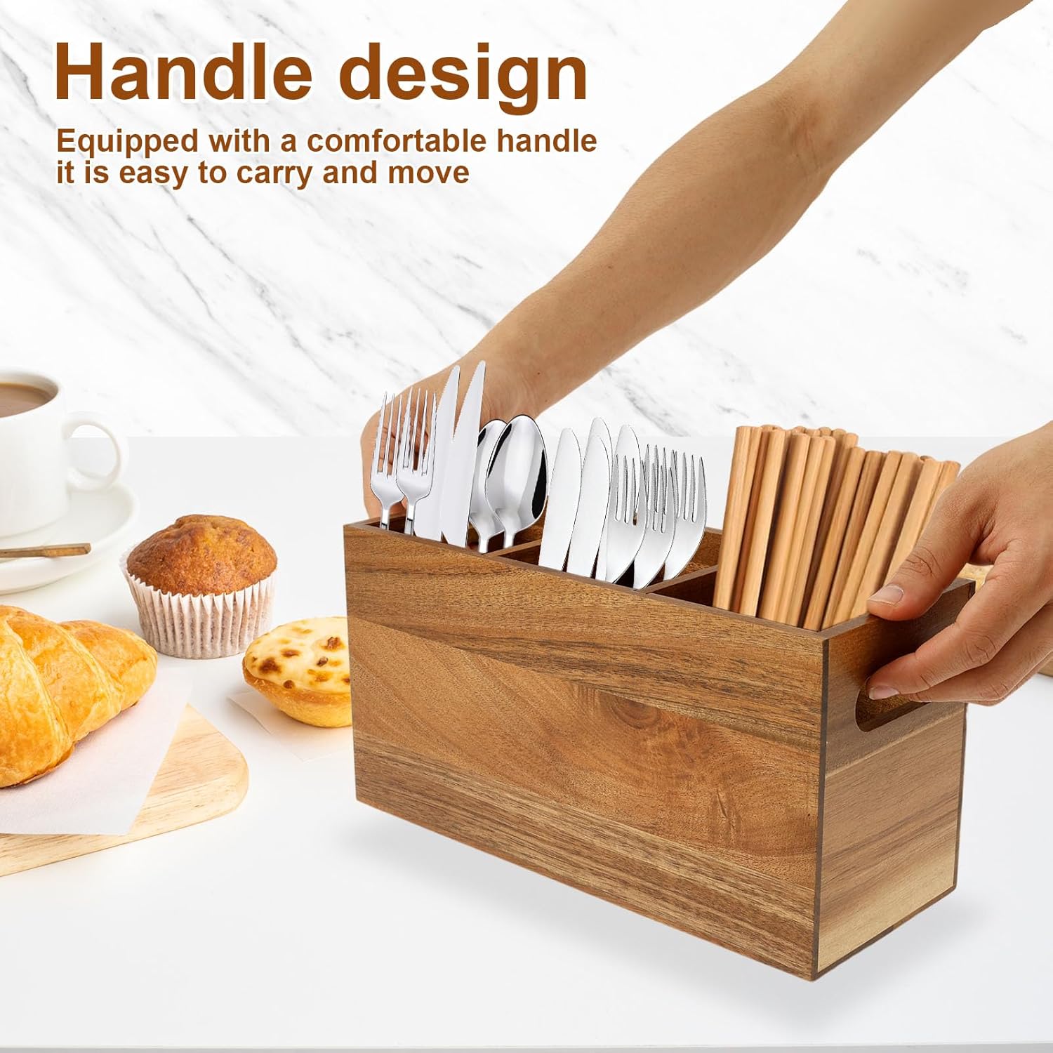 Kitchen Utensil Holder - Removable Divider Wood Silverware Organizer with 3 Compartments, Large Silverware Utensil Caddy for Countertop Farmhouse Kitchen Party