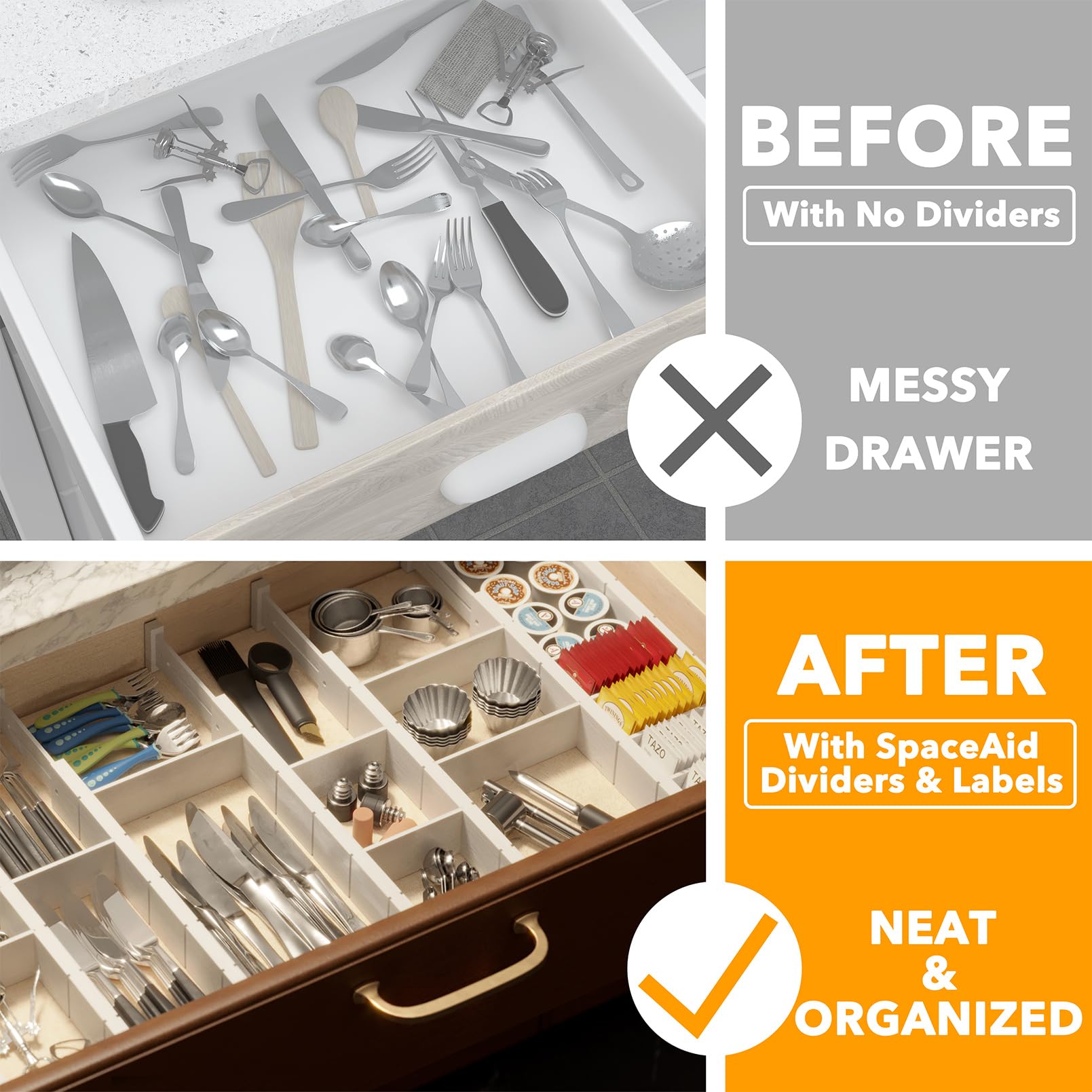 SpaceAid Divisori per cassetti in bambù, con inserti ed etichette, organizer regolabili per la casa, per i cassetti di cucina o ufficio, 10 divisori con 24 inserti (43-56 cm, bianco)