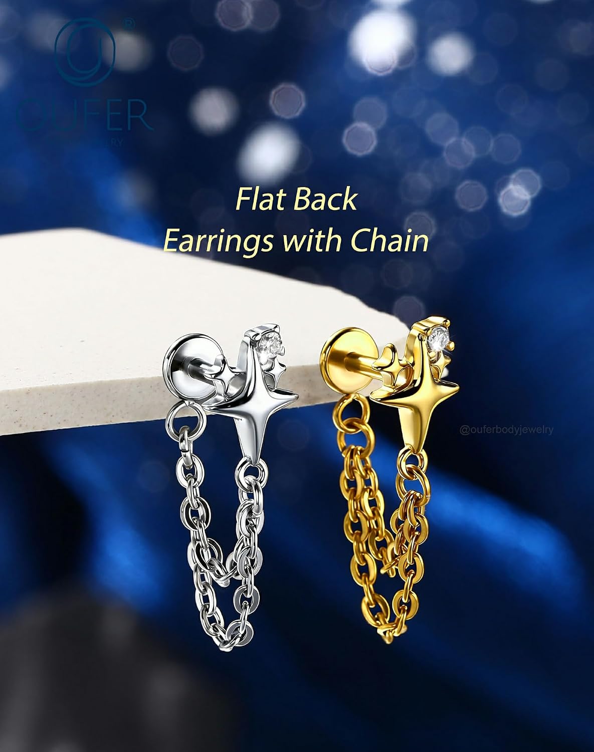 OUFER 16G Silver/Gold Threadless Flat Back Cartilage Stud with Double Chain Dangle, Starburst Cubic Zirconia Helix/Conch/Tragus Labret, PVD Gold on 316L Stainless Steel Nickel Free, 6mm Post