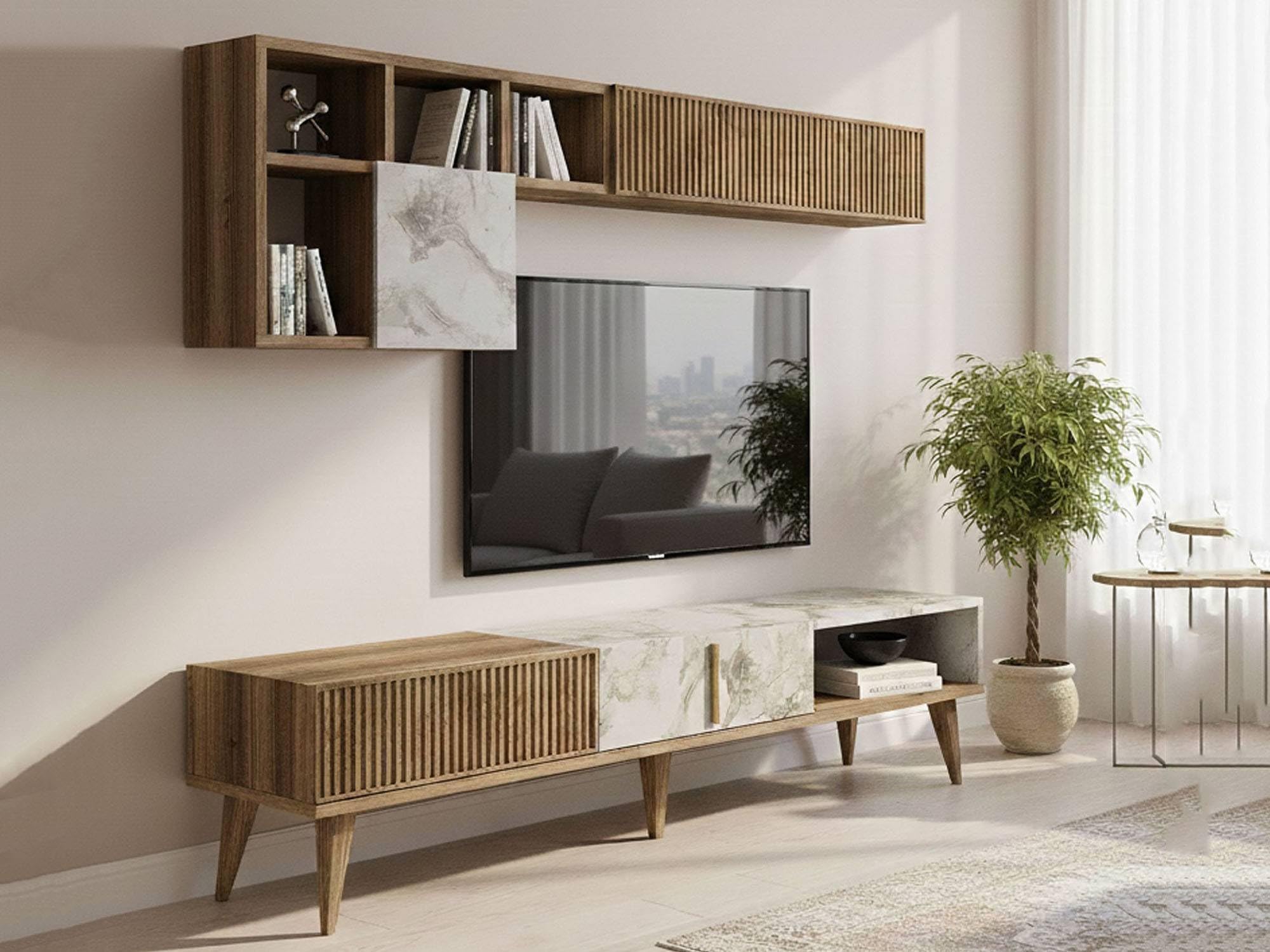Dmora Parete attrezzata Gemini, Composizione Soggiorno, Mobile Salotto Multiuso, Armadio Porta TV, 180x35h40 cm, Noce e Bianco Marmo