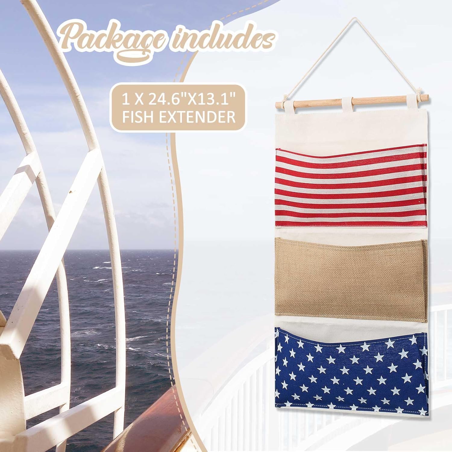 Juexica Fish Extender Gift Hanger with 3 Pockets 2026 Cruise Travel Fe for Gift Exchanges Organizer Linen Cotton Hanging Storage Bag for Cruise Line Cabin Door, 24.6 x 13.2 Inch - Image 3
