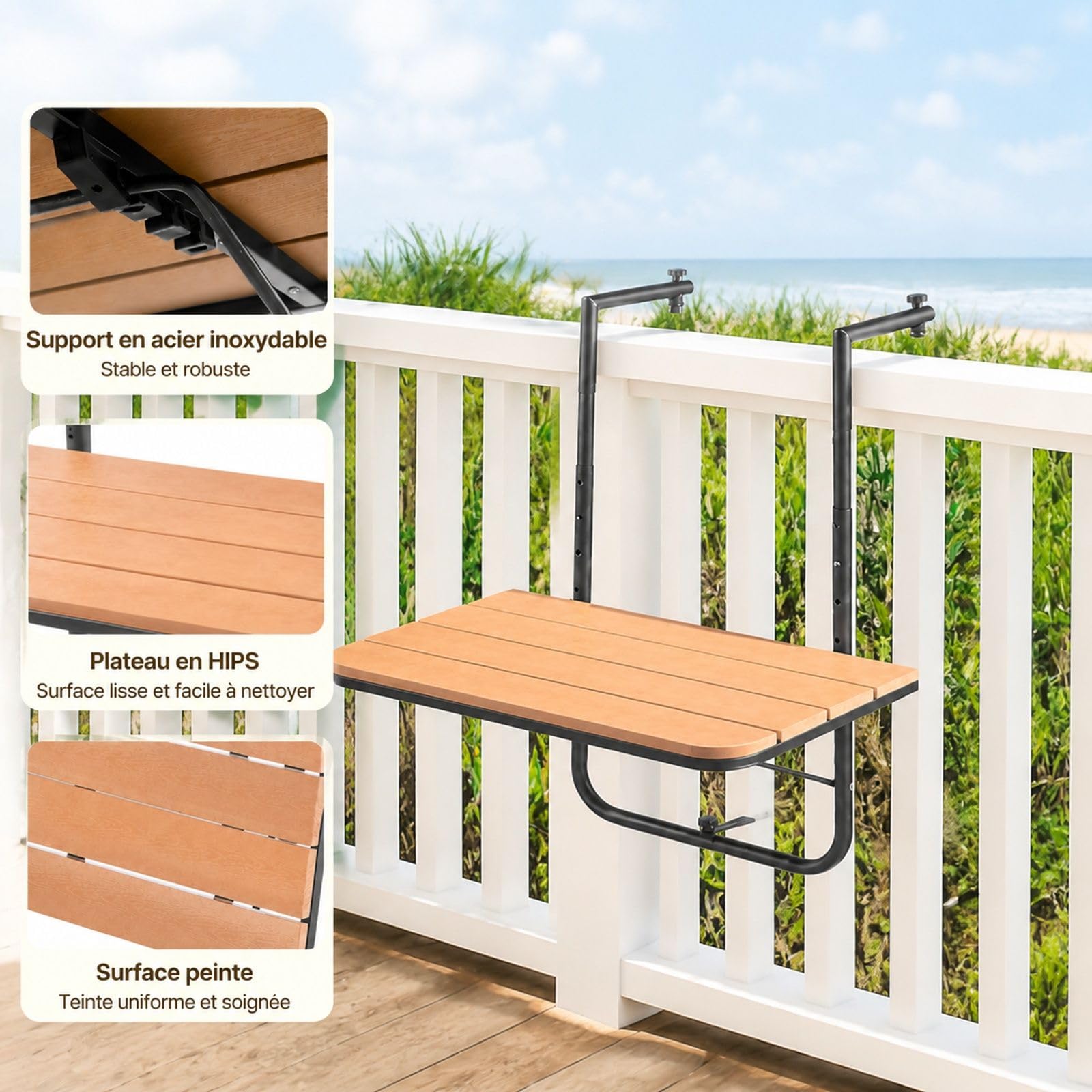 Table Suspendue pour Balcon avec Montage sur Balustrade, Table d’extérieur réglable pour Patio et terrasse