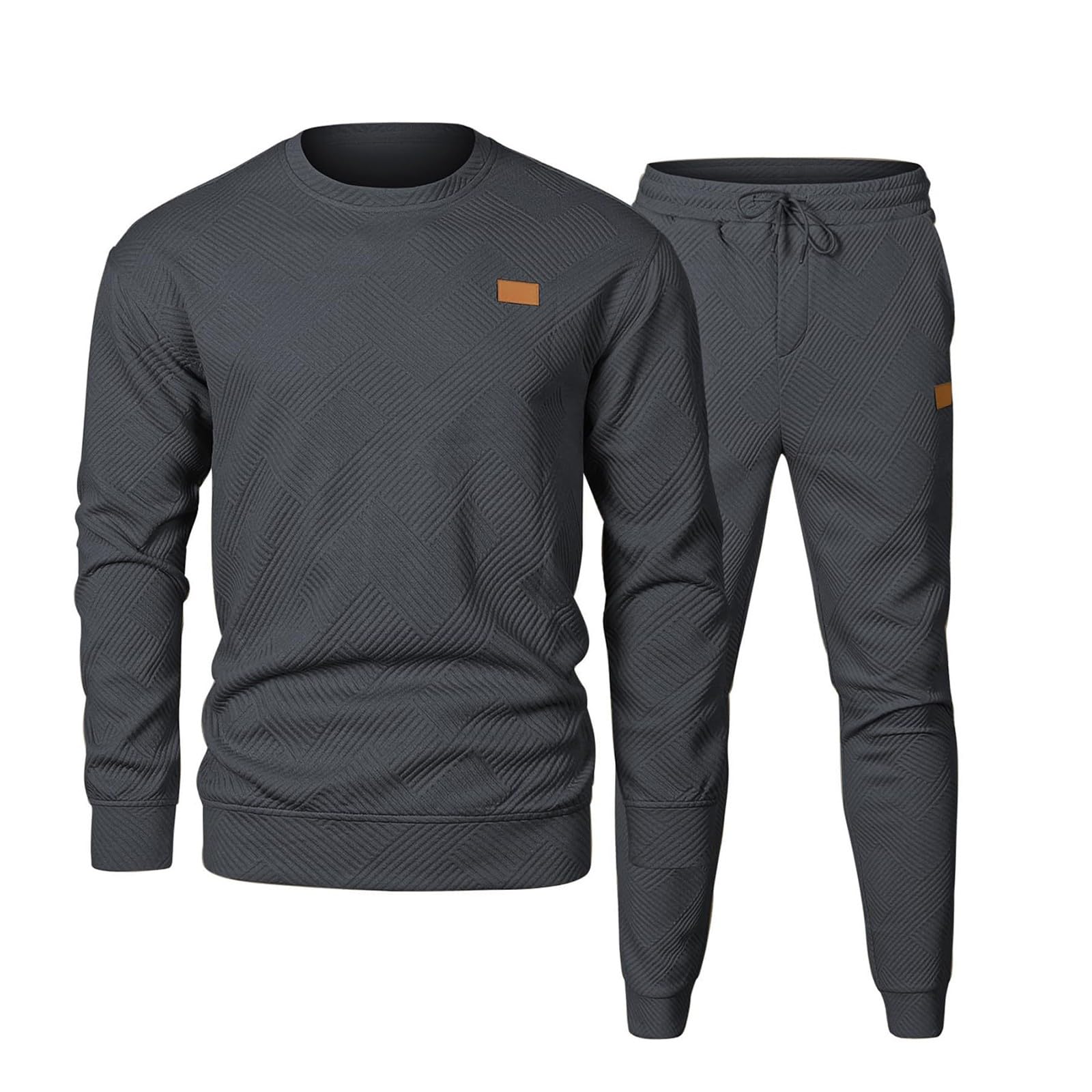 Jogging Suit Men's Black Long Sleeve Crew Neck Tracksuit Without Hood Plain Tracksuit Jacquard Sports Suit Sweatshirt and Training Trousers Set Jogging Bottoms with Pocket and Drawstring Baggy Leisure