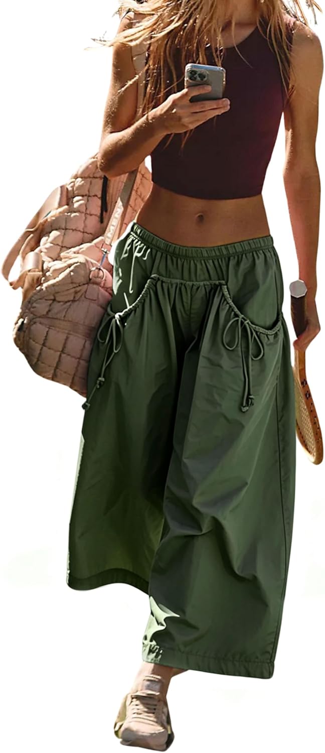 Hooever Women's Loose Wide Leg Track Pants Drawstring Pockets Elastic Waist Capri Hiking Pants