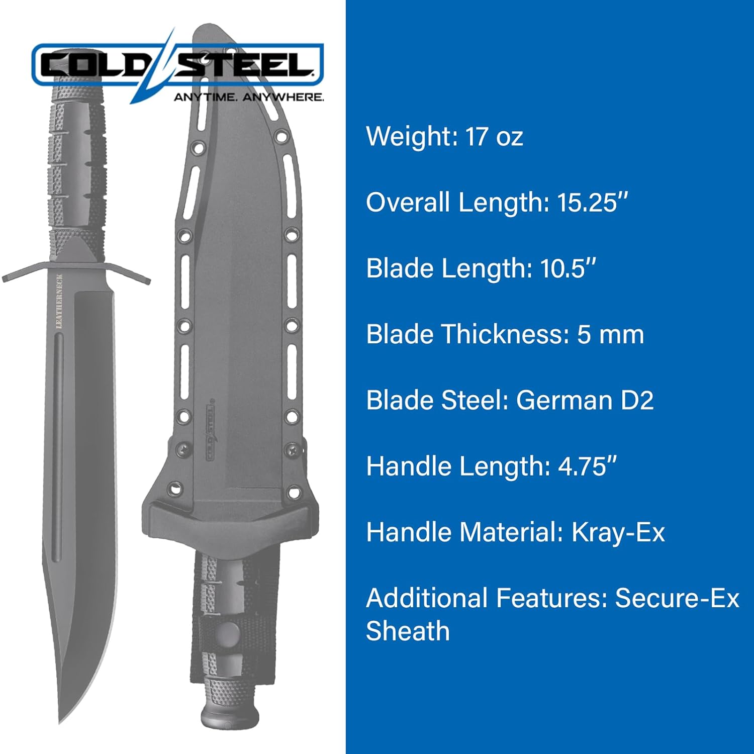 COLD STEEL Leatherneck Bowie 10.5" German D2 Razor-Sharp Blade 4.75" Kray-Ex Durable Handle Tactical Outdoor Fixed Blade Knife w/Secure-Ex Sheath