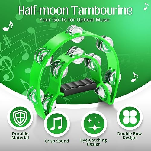 Miniatura 2 de Flexzion - Pandereta de metal en forma de media luna con sonajas de doble fila, instrumentos de percusión de mano con mango ergonómico, panderetas