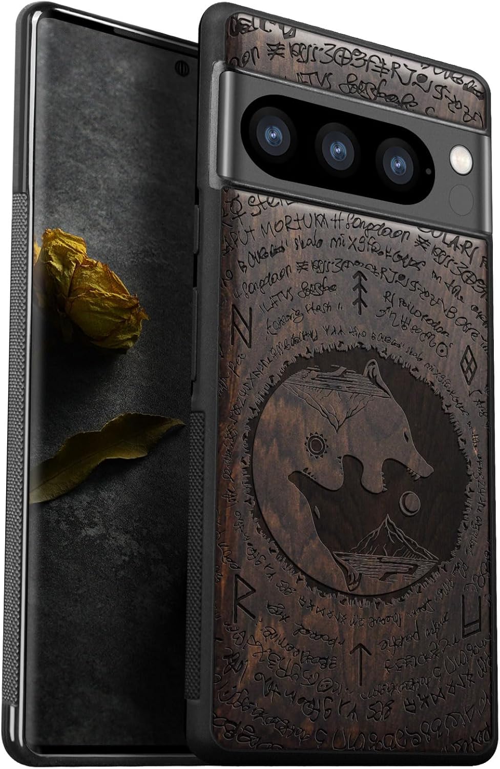 Carveit Wood Case for Pixel 8 Pro Case [Natural Wood & Black Soft TPU] Shockproof Protective Unique Wooden Cover Compatible with Google Pixel 8 Pro (Wolf of The Sun and Moon-Walnut)