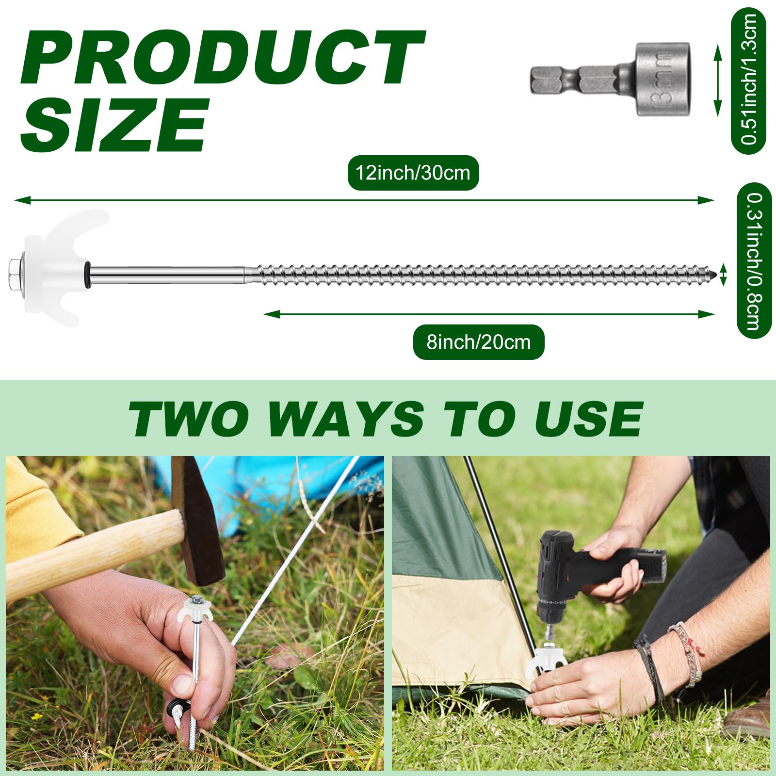 JaGely 10 Pcs 12 Inch Screw in Tent Stakes Heavy Duty Ground Anchors Metal Threaded Spikes Camping Stake Screw in Tent Pegs with Hex Head Driver for Camping Travel Decor Outdoor (Luminous White)