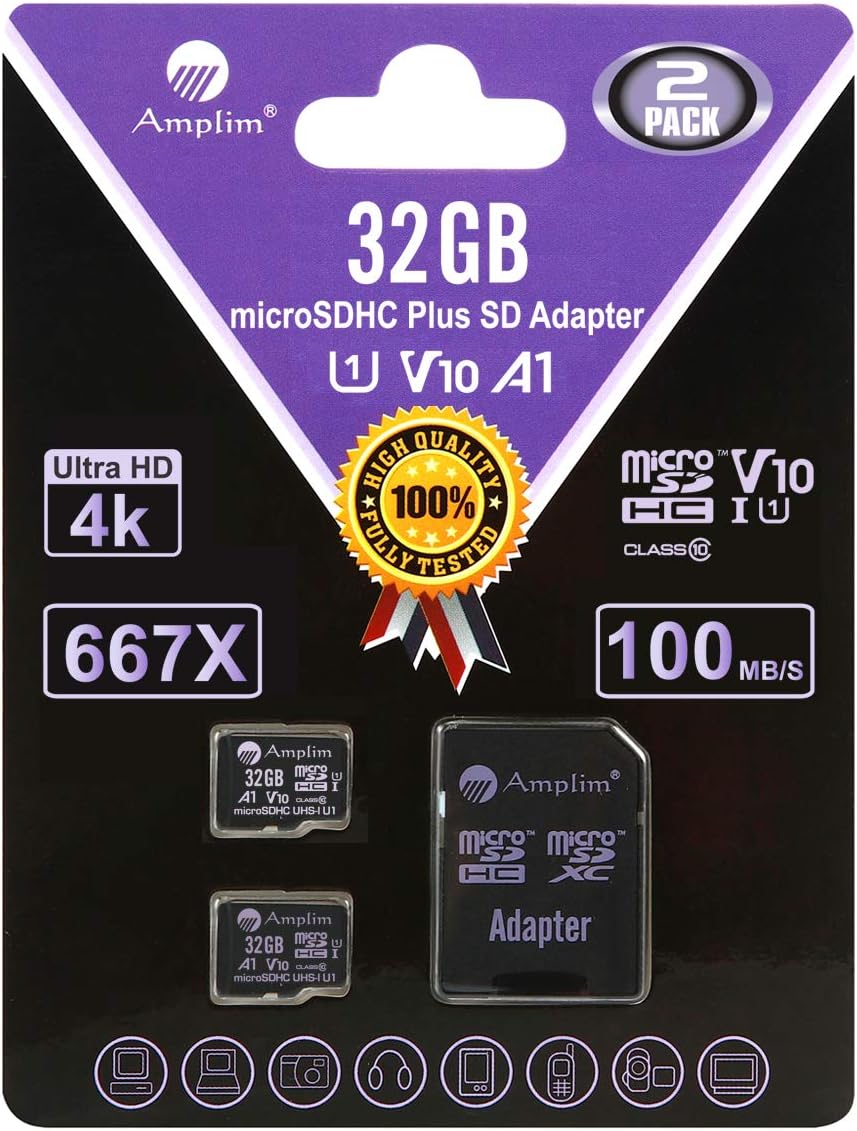 Amplim Micro SD Card 32GB, MicroSD Memory Plus Adapter, 2 Pack MicroSDHC Class 10 UHS-I U1 V10 TF Extreme High Speed Nintendo-Switch, GoPro Hero, Raspberry Pi, Phone Galaxy, Camera Cam, Tablet, PC