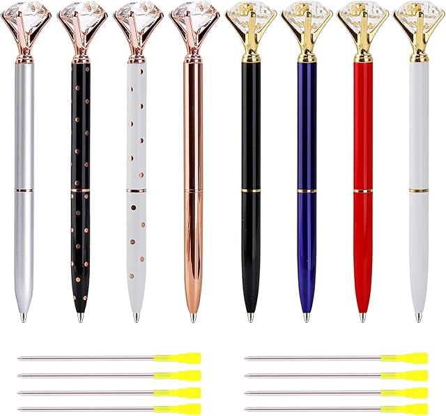 Diamond Pen 8 Pack Rose Gold Metal Ballpoint Pen Black Ink Crystal Ball Pen with 8 Refills for School Stationery Office