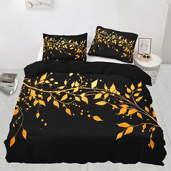 Black and Gold Queen Size Comforter Cover, Leaf Bedding Set with 2 Pillow Shams, Luxury Duvet Cover Set for All Seasons, Microfiber Super Soft Comfy Bedding