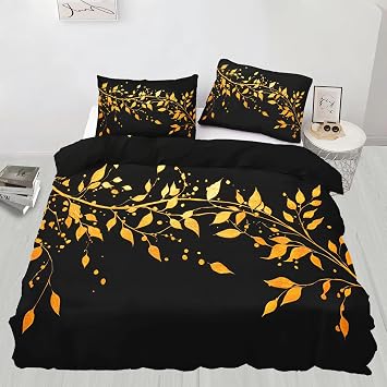 Black and Gold Queen Size Comforter Cover, Leaf Bedding Set with 2 Pillow Shams, Luxury Duvet Cover Set for All Seasons, Microfiber Super Soft Comfy Bedding