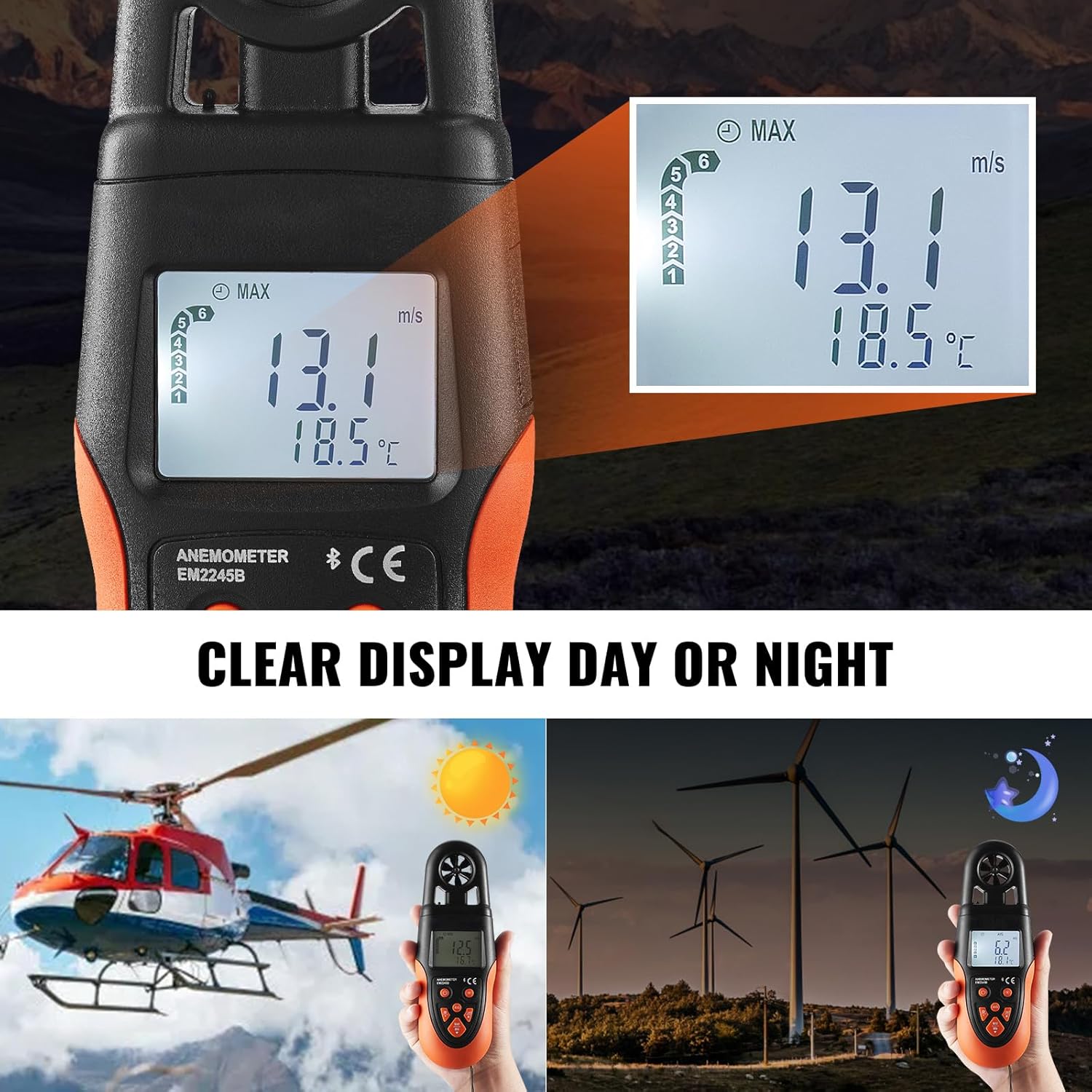 Happybuy Bluetooth Handheld Anemometer, 14℉-140℉, Digital Wind Speed Meter Gauge with LED Backlight Screen, Measures Wind Velocity Wind Temperature Air Flow Wind Chill, for Surfing Drone Flying HVAC
