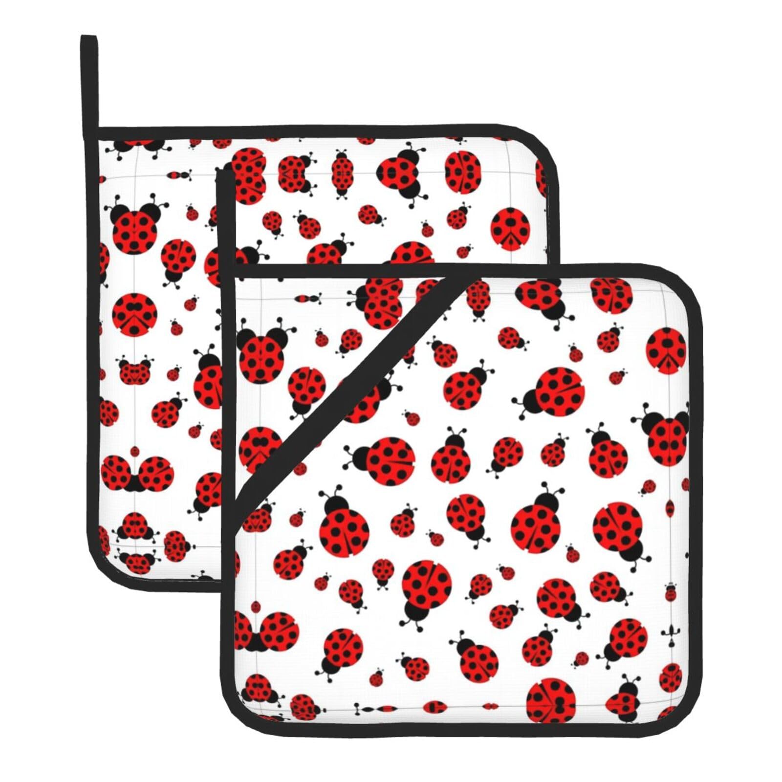 YYHWHJDE Ladybug Prints Square Hot Pads for Kitchen Counter - Waterproof Pot Holders with Hanging Loop, Durable Trivets for Microwave Oven - 2 Pack