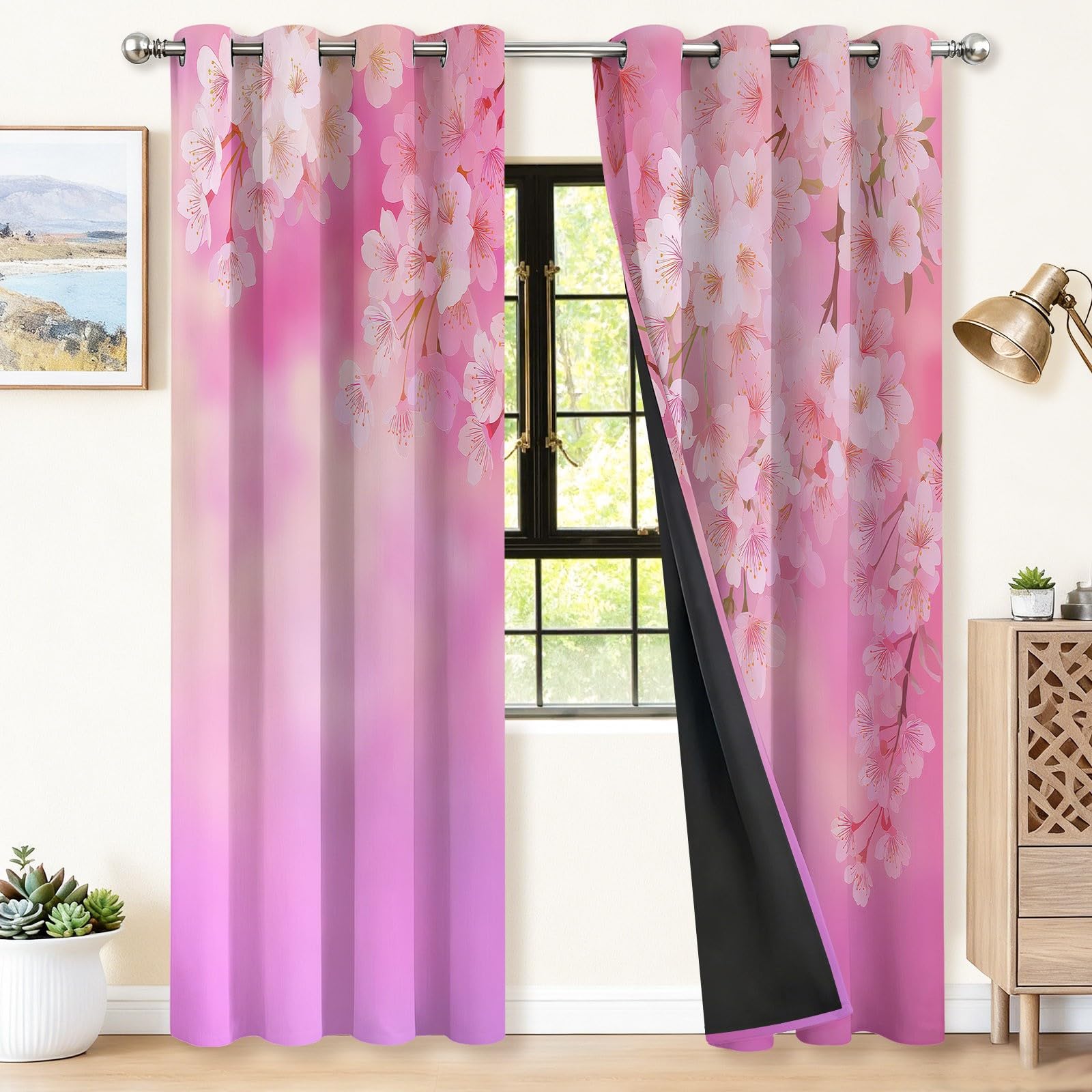 Verdunkelungsvorhänge H160 x B70 cm 2 Paneele, Geräuschreduzierung & Wärmeisolierung Feine Frühlingshafte Elegante Kirschblüten Vorhänge Blickdicht für Schlafzimmer Wohnzimmer Kinderzimmer, Rosa