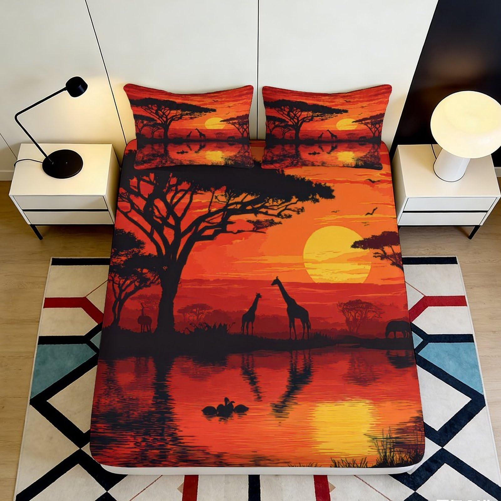 3D Printed African Sunset Fitted Sheet Microfiber Soft Decor Savannah Wildlife Mattress Cover Bedroom Dorm 90x200x25cm