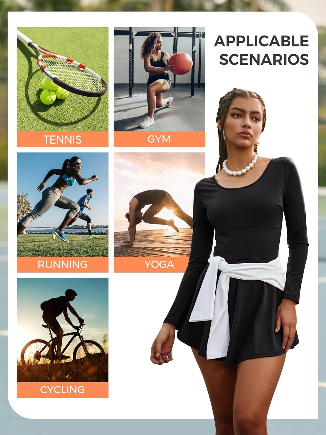 Fisoew Womens 2-in-1 Athletic Tennis Golf Dress Long Sleeve Underneath Workout Active Dresses with Built-in Shorts - Image 6