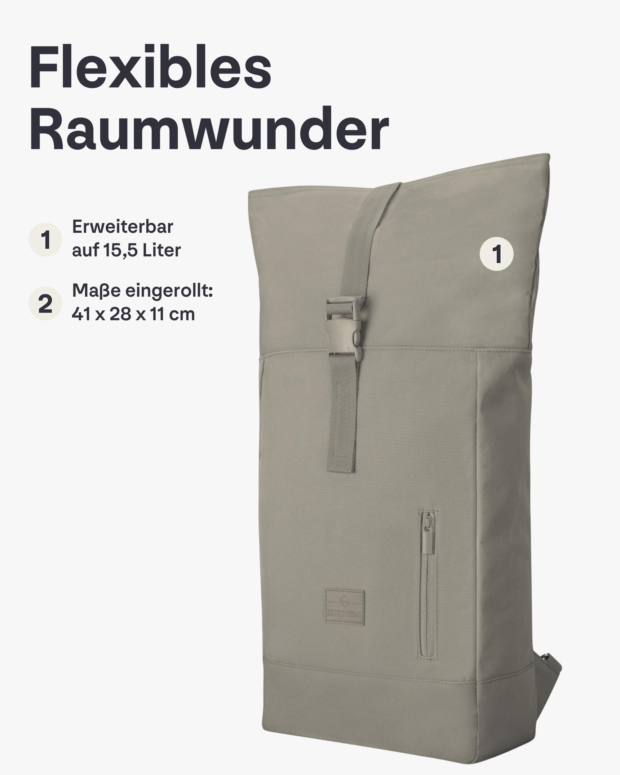 Johnny Urban Rucksack Damen & Herren Grau - Robin Medium - Rolltop Mit Laptopfach für Uni Business Fahrrad - 15L - Nachhaltig - Wasserabweisend