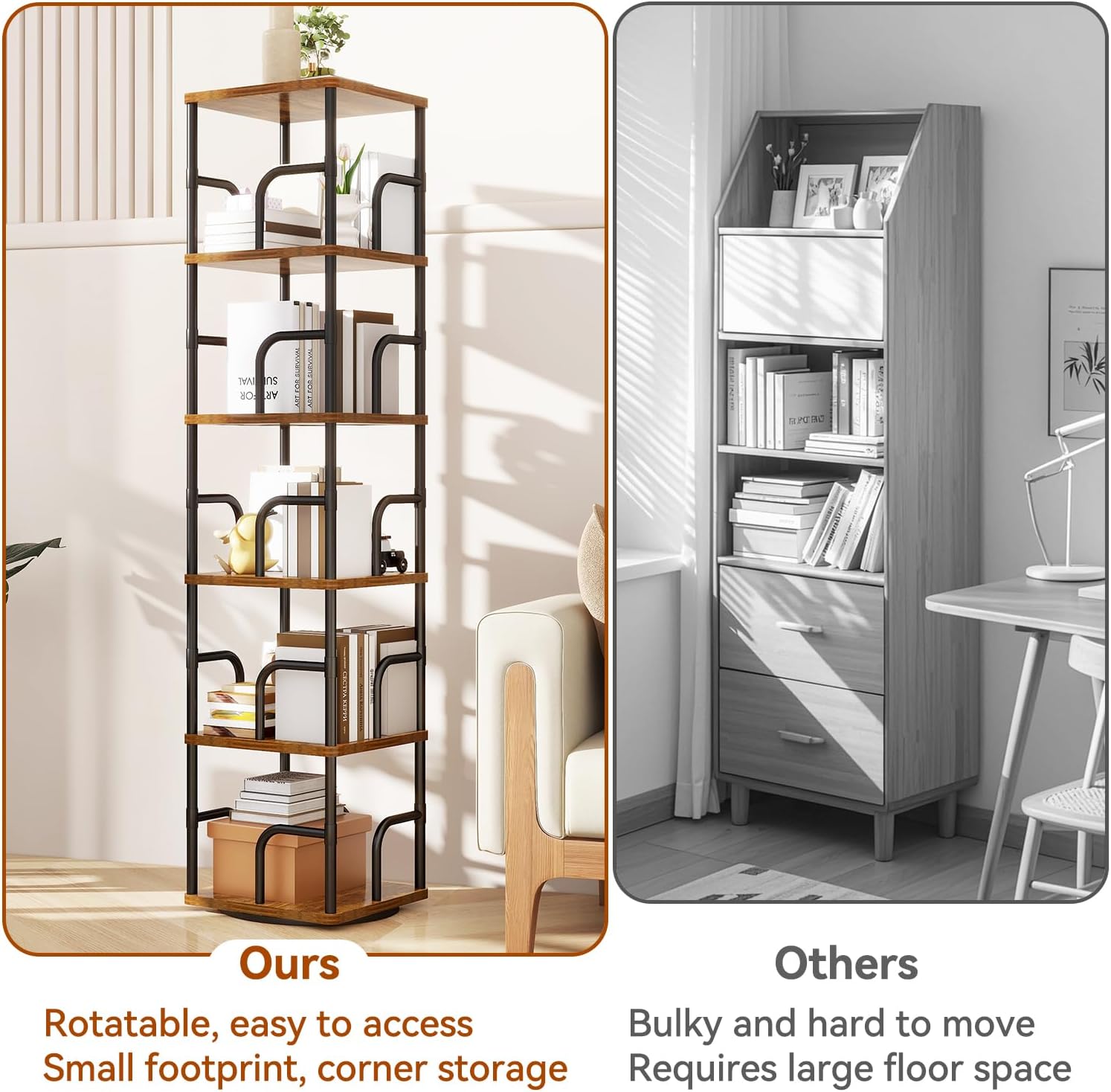 IBUYKE 6 Tier Square Rotating Bookshelf, 360° Spinning Bookcases Tower,Freestanding Corner Bookshelf with Rails,Industrial Swivel Bookcase Organizer for Bedroom, Living Room,Study,Brown,UTBC005H