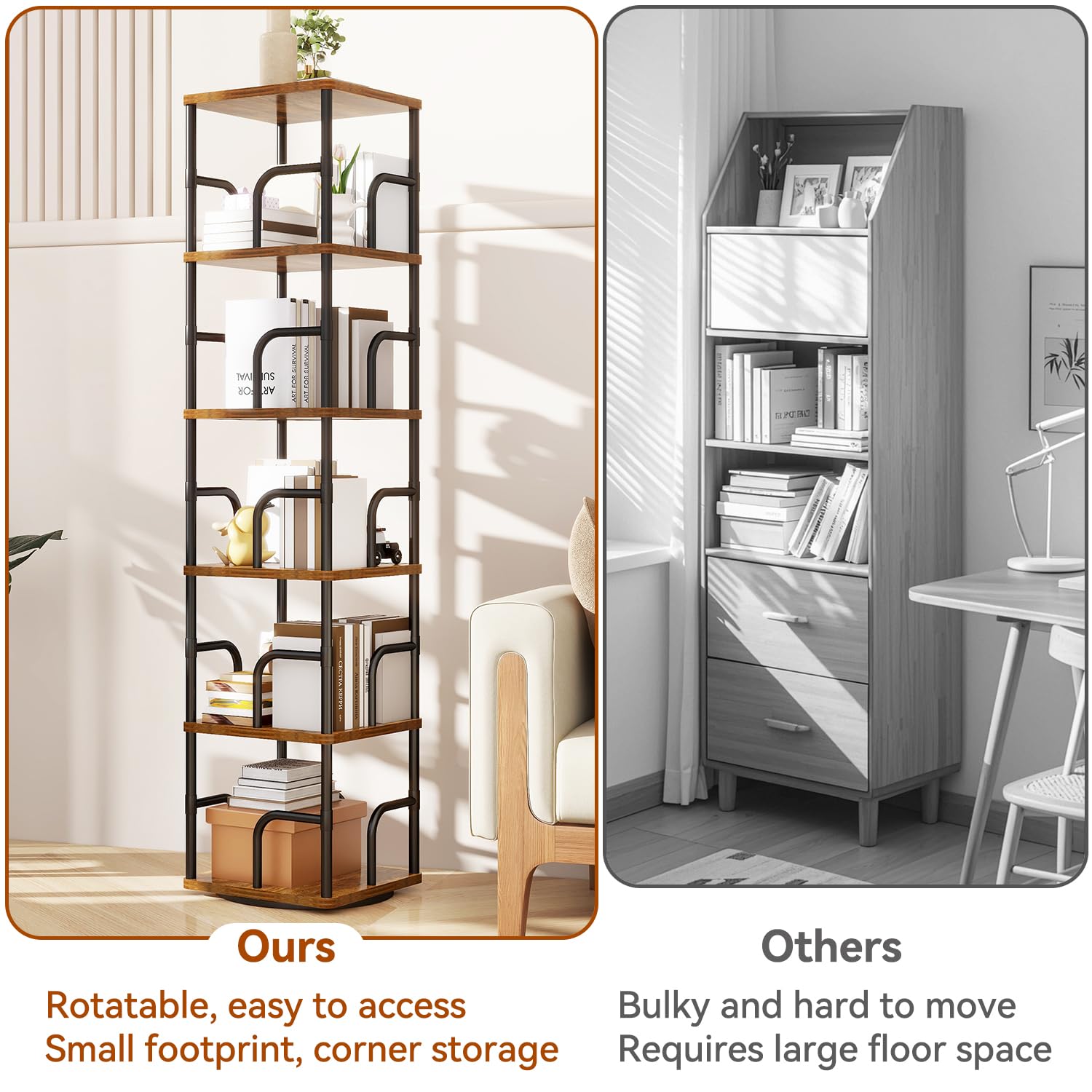 IBUYKE Bibliothèques Rotative à 5 Niveaux,Bibliothèque Enfant,Étagère Pivotante Verticale à 360°,Bibliothèque Multifonctionnelle en Bois pour Chambre, Salon, Bureau,Marron Rustique,TBC005H