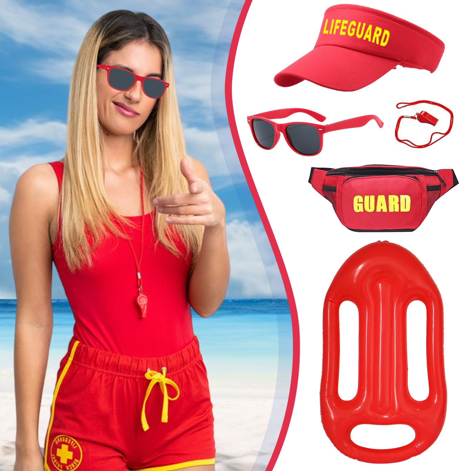 Amycute 5Pcs Lifeguard Costume Accessories Kit with Adjustable Sun Hat, Fanny Pack, Sunglasses - Image 3