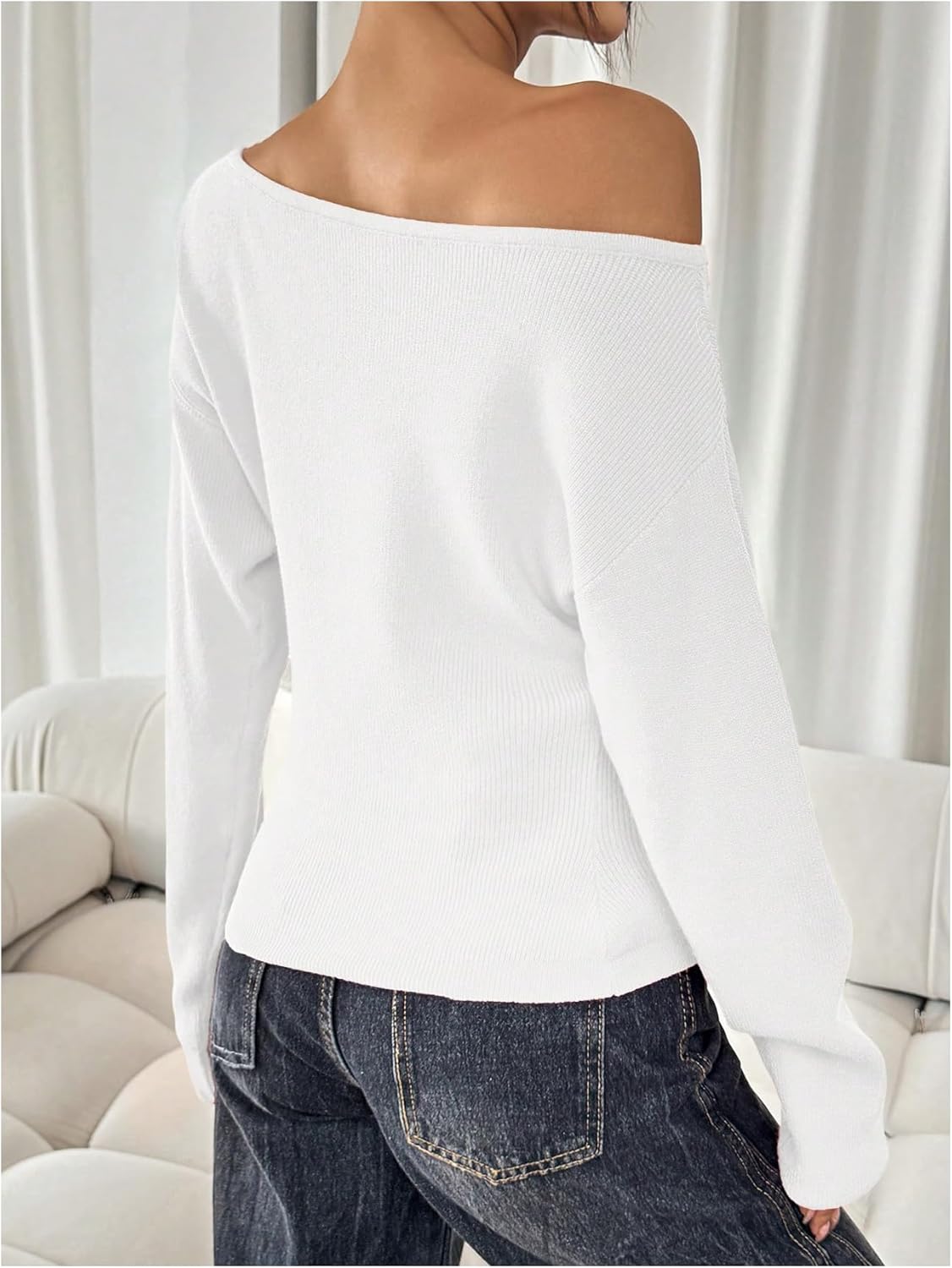 Women's Off The Shoulder Sweater Tops Long Sleeve Ribbed Knit Sweater Pullovers Knitwear Trendy - Image 4