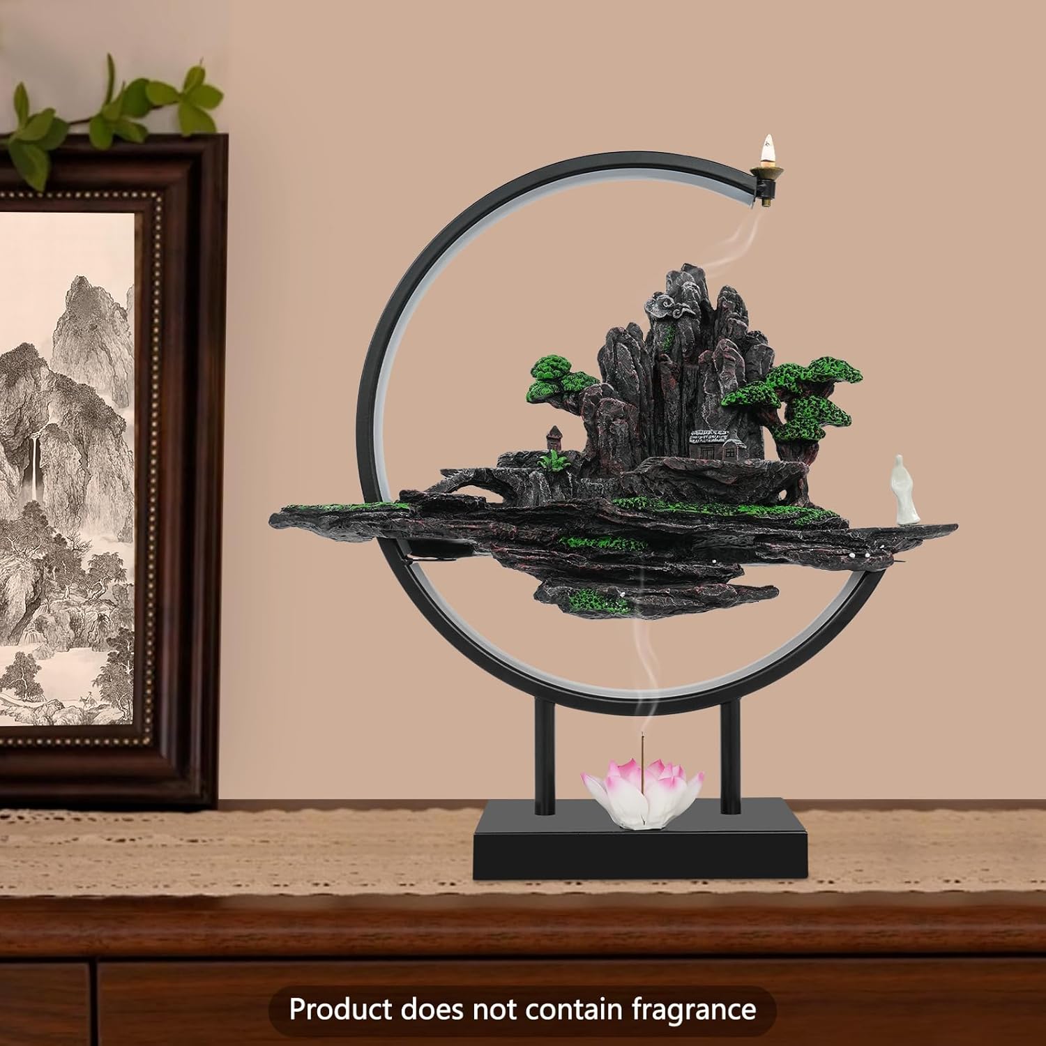 Backflow Incense Burner with Adjustable LED Light Rockery Landscape Resin Iron Base Home Desktop Decor for Meditation Office Living Room Zen Fountain Holder