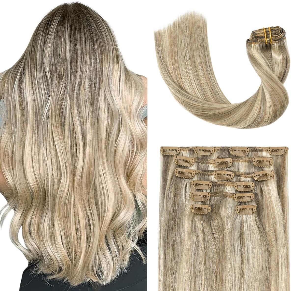 Clip in Hair Extensions Real Human Hair - 18 inch 70g Ash Blonde Mixed Bleach Blonde Straight 7pcs Double Weft - 100% Remy Human Hair Extensions #18p613 18inches