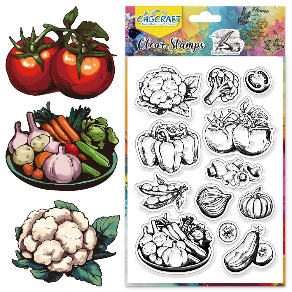 CHGCRAFT Vegetables Spring Harvest Cauliflower Clear Stamp Silicone Clear Stamps Music Seal Stamps for DIY Scrapbooking Photo Album Decorative Cards Making, Vegetables, 6.3x4.3inch