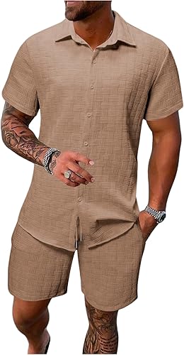 RoseSeek Men's Short Sets 2 Piece Outfits Button Down Linen Shirts and Short Set