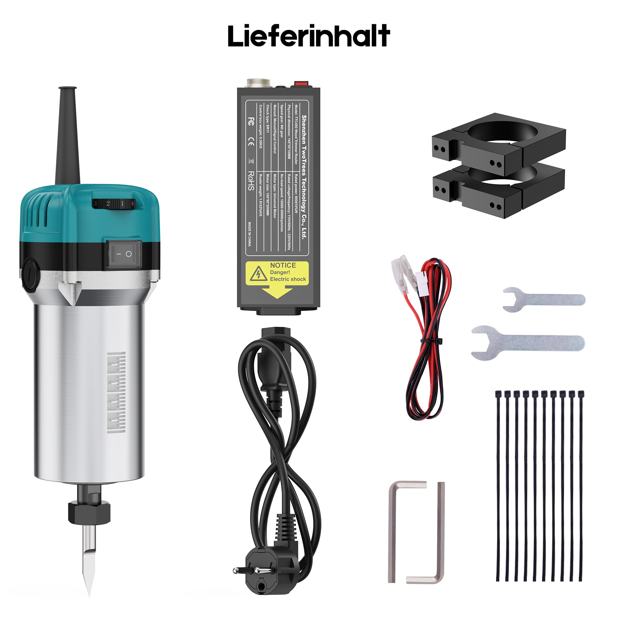 Twotrees CNC Router Machine Trimmer-Set 800W Frässpindel | 10000-30.000 U/minLevel 6 Geschwindigkeitsregelung, Kompakt-Fräswerkzeug mit Koffer, Frässpindel für TTC450 Pro CNC-Maschine