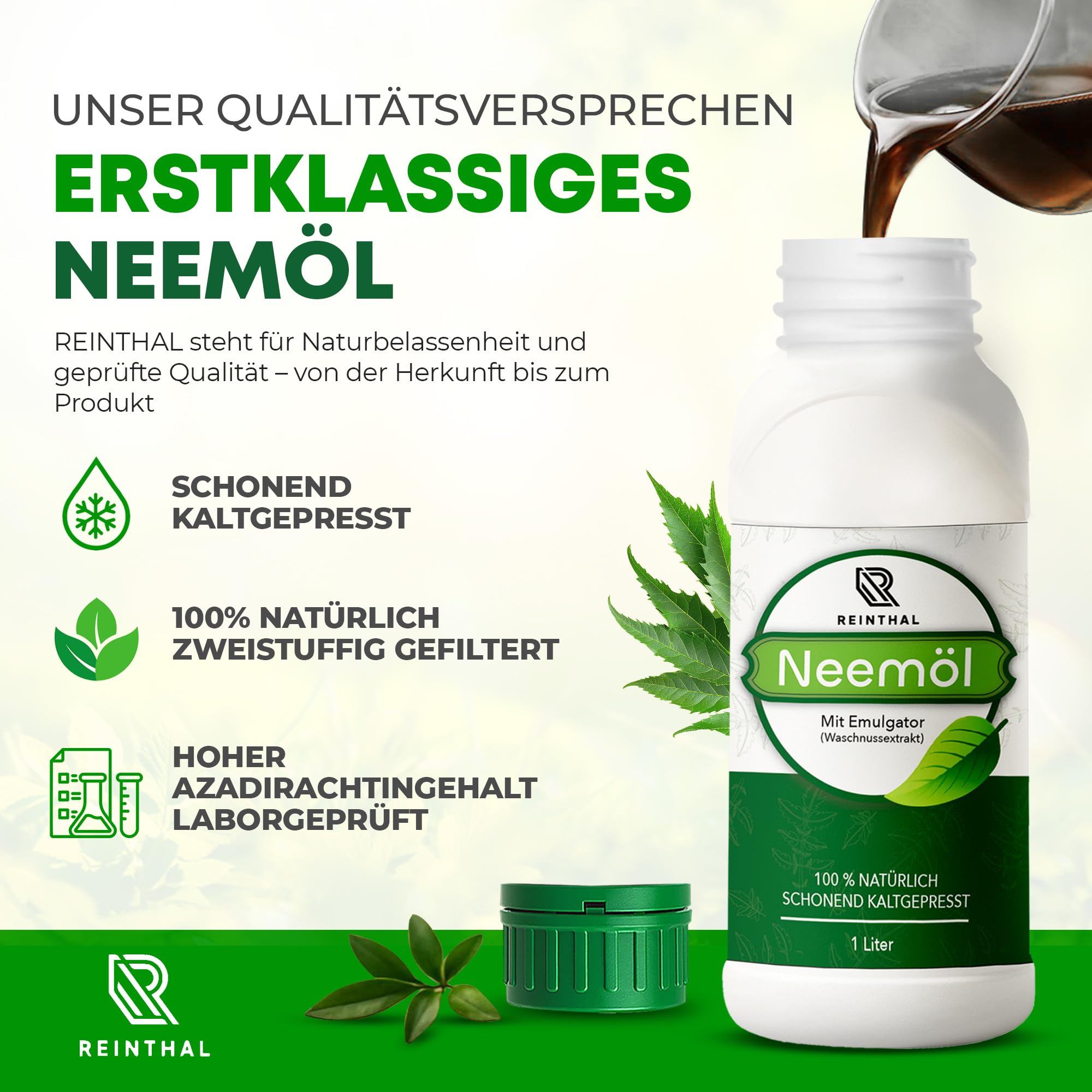 Huile de neem avec émulsifiant 1000 ml – Avec accessoires de qualité supérieure en 3 parties – Soin naturel des plantes – Donne 120 l d'huile de neem en spray prête à pulvériser – Huile de