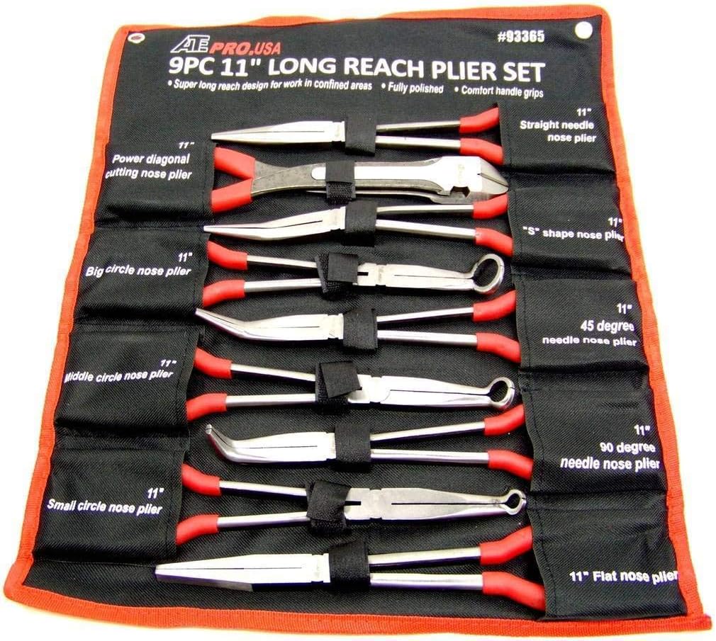 9 pc 11" Long Nose Plier Set Long Reach Circle Bent Needle Nose Diagonal Cutter