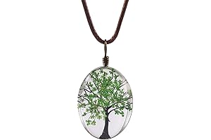 Life of Tree Multi Colors Queen Anne's Lace Dried Flowers Oval Pendant Necklace