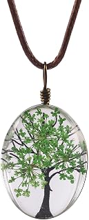 FMFM42 Queen Anne's Lace Dried Flowers Oval Pendant Necklace - Handmade Multi-Color Natural Beauty