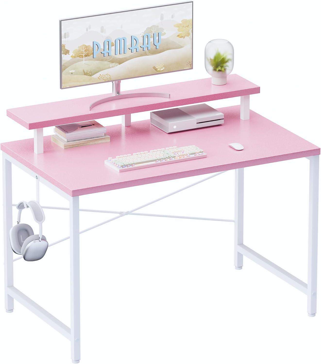 Pamray 32 Inch Small Computer Desk with Monitor Stand, Simple Office Desk with Headphone Hook for Small Spaces, Kids Study Writing Table for Bedroom, Pink Pink 32 inch