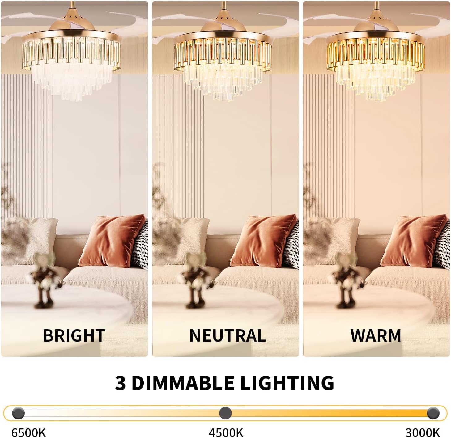 MORE CHANGE 42" Crystal Fandaliers Ceiling Fan with Lights Retractable Blades Remote Control Modern Chandelier Fan 3 Speeds 3 Color Changes Lighting Fixtures, Silent Motor with LED Kits