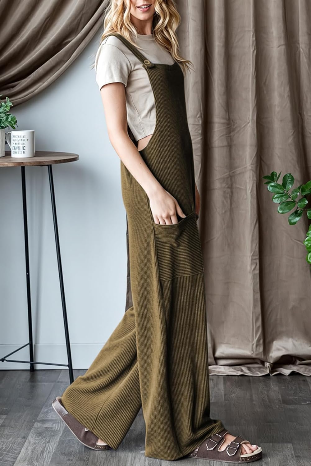 Dokotoo Women's Casual Jumpsuits Ribbed Front Pocket Loose Overalls One Piece Sleeveless Wide Leg Long Pant Rompers