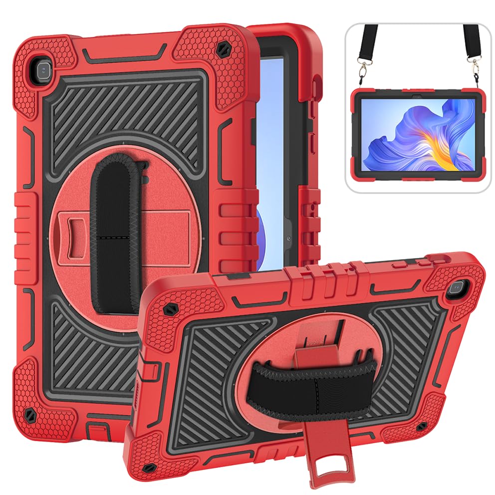Etui na tablet Honor Pad X8 AGM3-W09HN 25.7 cm, etui na tablet, odporne na wstrząsy, z obrotowym stojakiem o 360° i paskiem na nadgarstek, pasek na ramię, duże, czerwone + czarne
