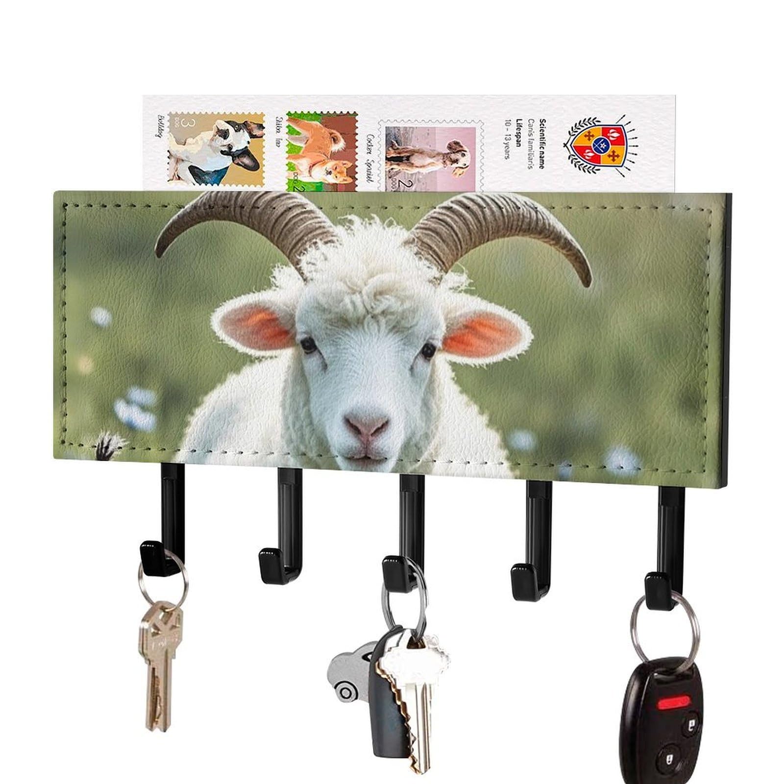 FekiLoot Sheep Key Holder Wall Mount Key Hanger with 5 Hooks Decorative Key Rack Hanging Key Hooks with Mail Organizer Key Holder for Wall Living Room Kitchen Bathroom Hallway Black