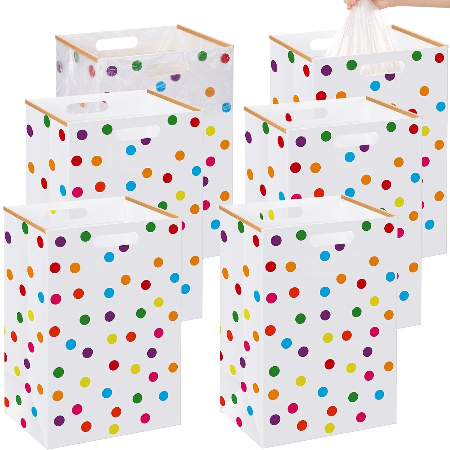 Hushee 6 Pcs 13 Gallon Disposable Pop-up Collapsible Trash Cans for Party, Polka Dot Cardboard Garbage Can with Handles, Trash Bags, Clip Portable Trashs Bins for Event, Kitchen, Office