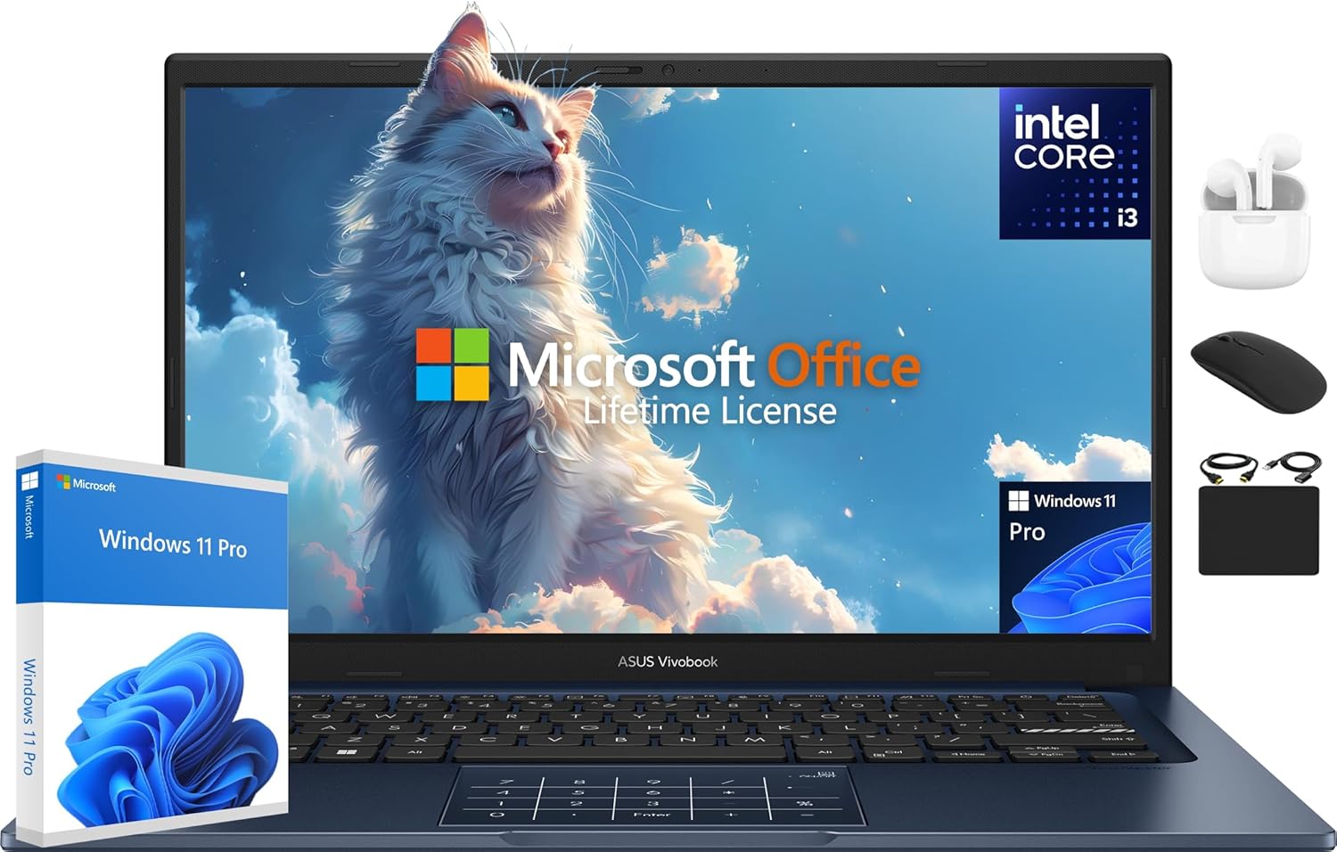 Asus VivoBook 14" FHD Laptop 2025 Business Student, Lifetime Office 2024, 6-core Intel i3 (fino a 4,5 GHz), 16GB di RAM e 1 TB di memoria (SSD 512GB + 500 GB Ext), HubXcelAccessory, Win 11 Pro Copilot AI