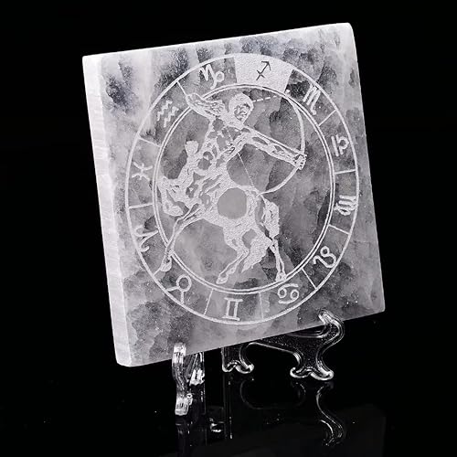 Miniatura 2 de AMOYSTONE Placa de carga de cristal de selenita para piedra de cristal curativo, piezas de selenita, losa cuadrada grabada Sagitario de 4 pulgadas