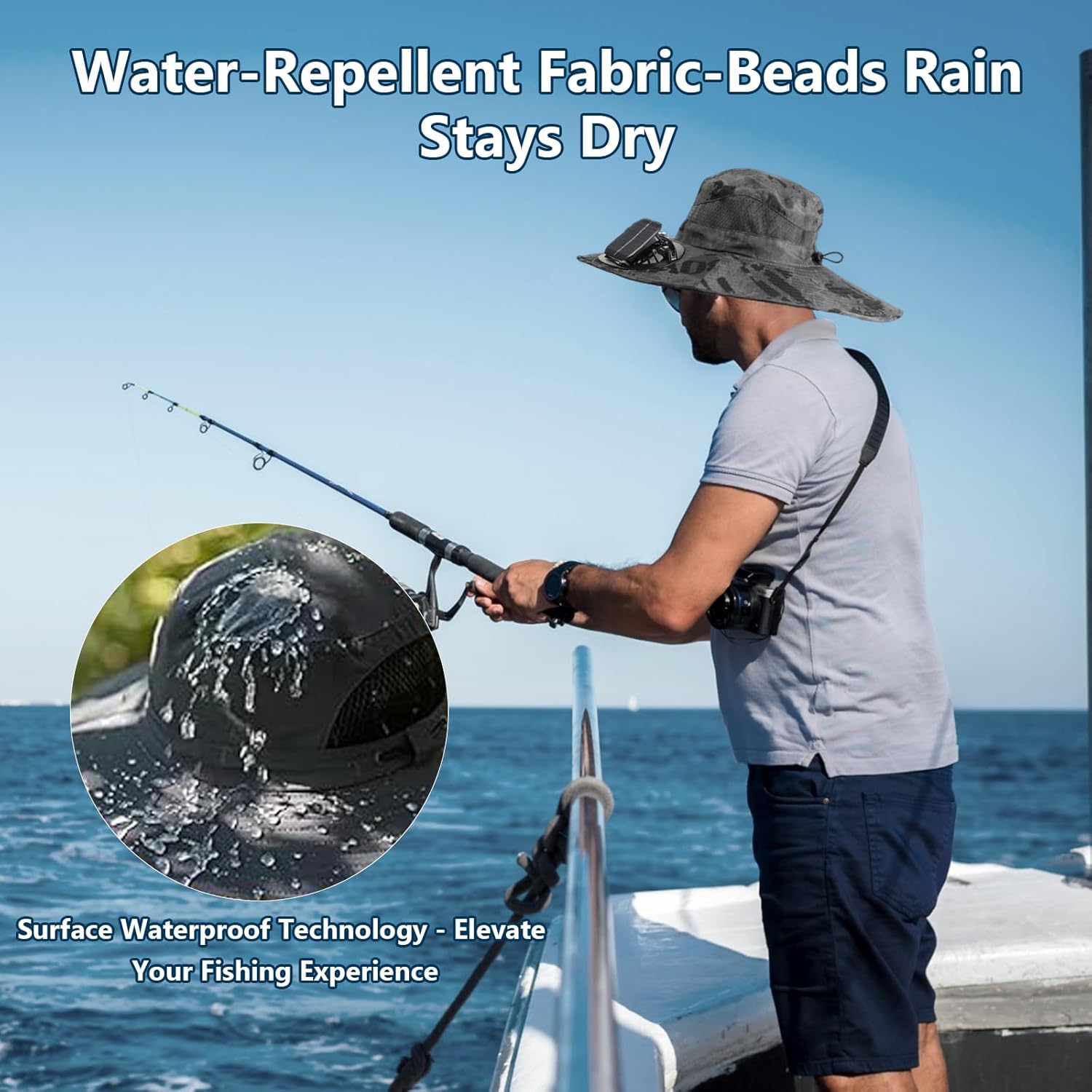 Solar Powered Fan Hat, Wide Brim Sun Hat, Waterproof UPF 50+ Solar Fan Outdoor Fishing Hat with 2 USB Solar Charging Removable Fans for Outdoor Fishing Gardening Camping Beach Travel Grey - Image 6