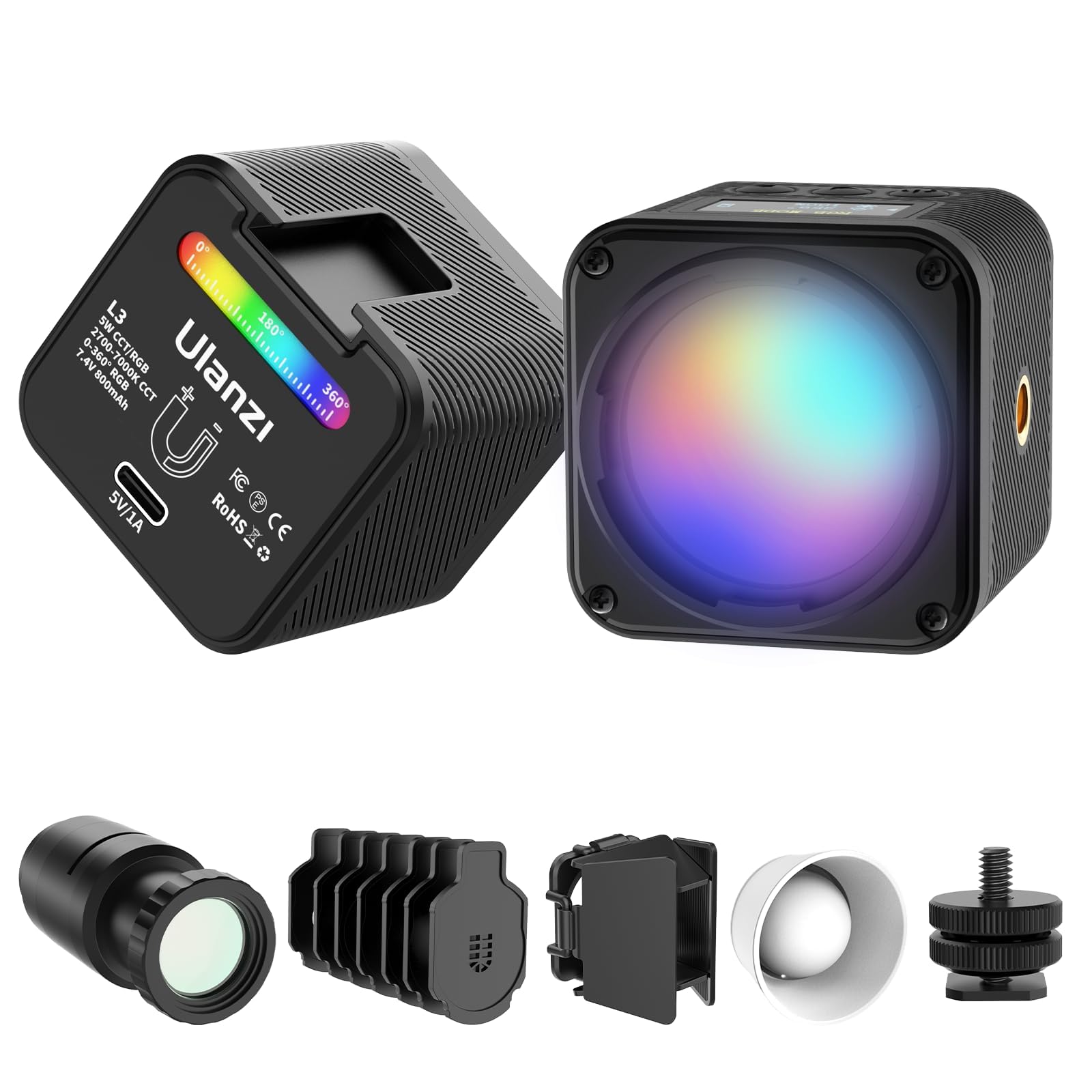 ULANZIL3 RGB LED Video Light, Magnetic Camera Lighting Kit 2700K-7000K Mini Cube COB Light Dimmable Photography Fill Light with Barndoor, Fresnel Lens Cold Shoe for Smartphone,Action,DSLR Camera