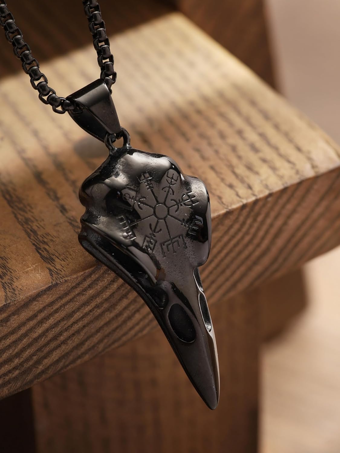 HAQUIL Helm of Awe Necklace, Stainless Steel Viking Raven Skull Aegishjalmr Protection Talisman Pendant, Box Chain, Viking Jewelry for Men - Image 2